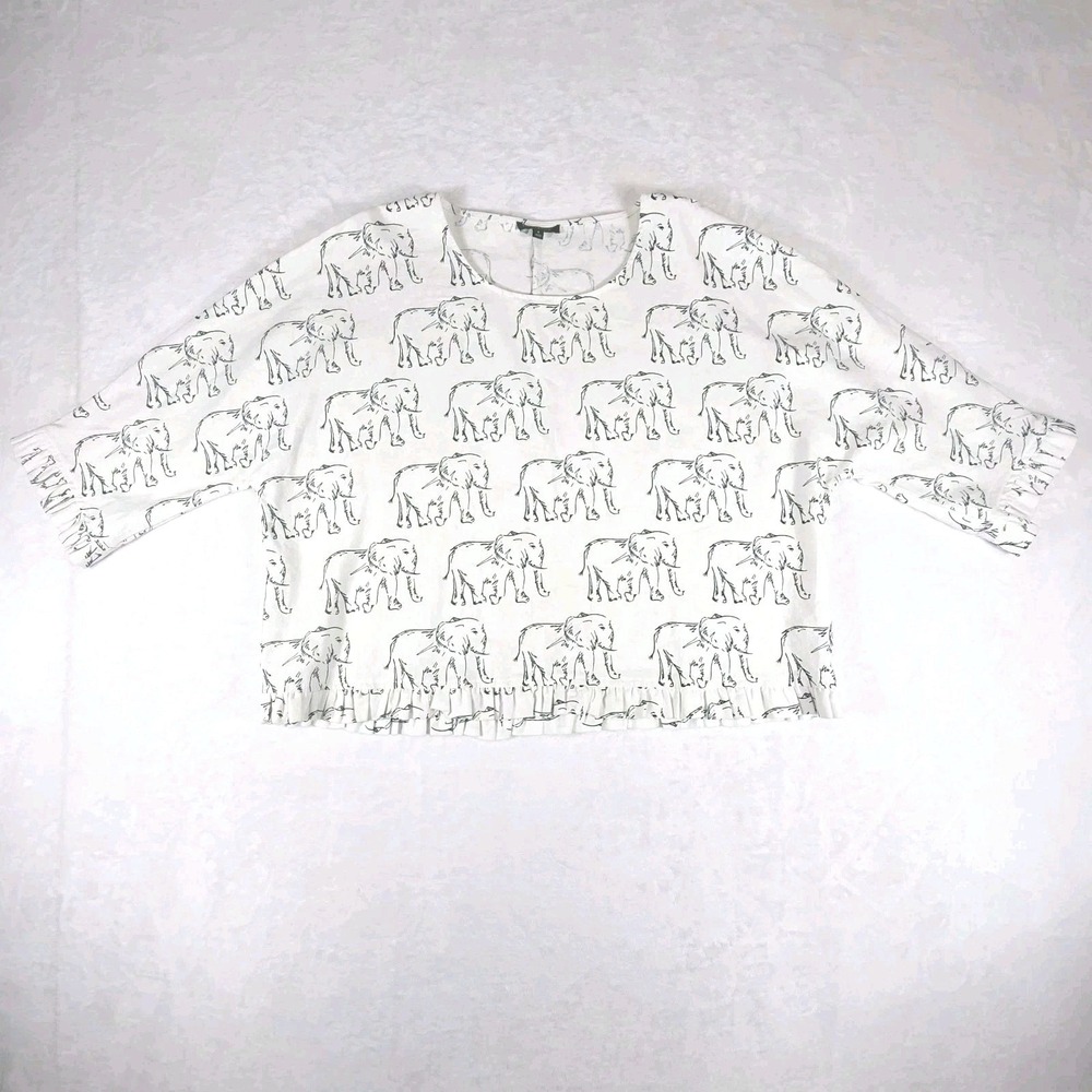 For Cynthia Sz S Elephant Print Ruffle Trim Oversized Blouse Linen Blend White